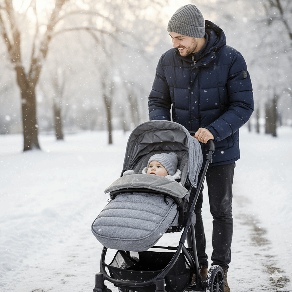 papa promenant bebe sous la neige chanceliere grise